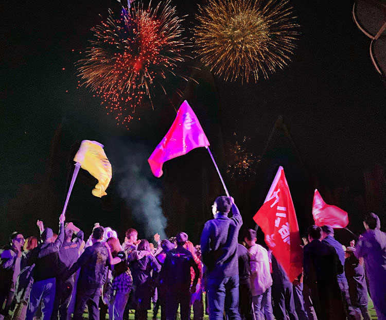 璀璨的烟花绽放在草原夜空